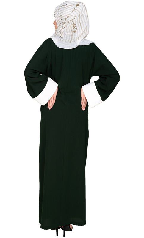 Elegant Green Dubai Style Abaya With White Detailing