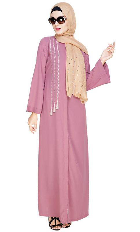 Elegant Onion Pink Embroidered Abaya (Made-To-Order)
