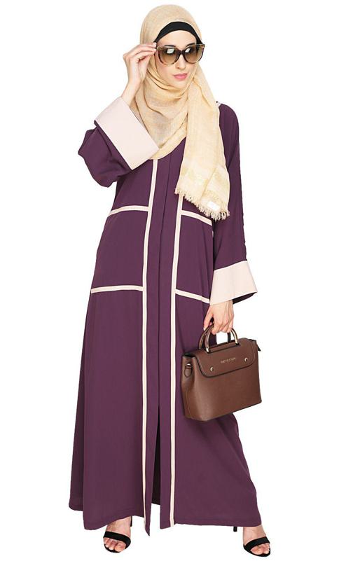 Elegant Purple Dubai Style Abaya With Beige Detailing