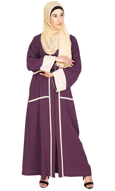 Elegant Purple Dubai Style Abaya With Beige Detailing
