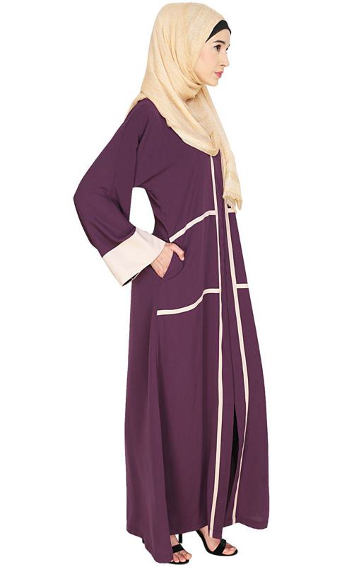 Elegant Purple Dubai Style Abaya With Beige Detailing