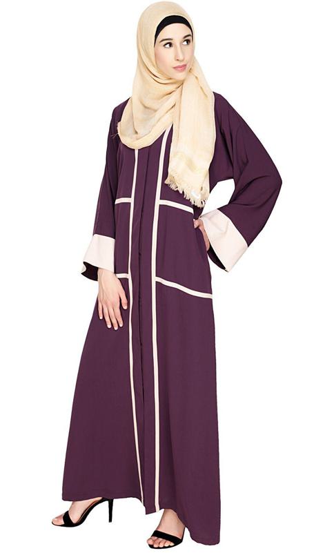 Elegant Purple Dubai Style Abaya With Beige Detailing