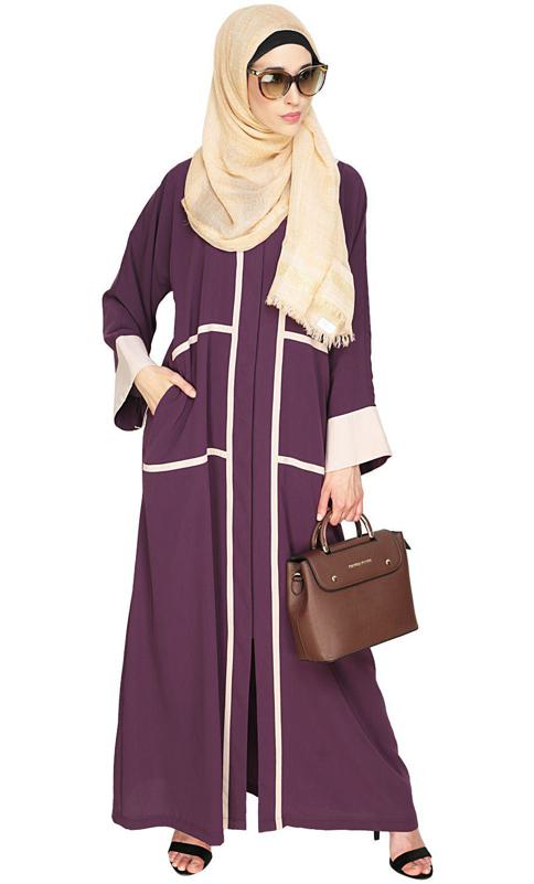 Elegant Purple Dubai Style Abaya With Beige Detailing