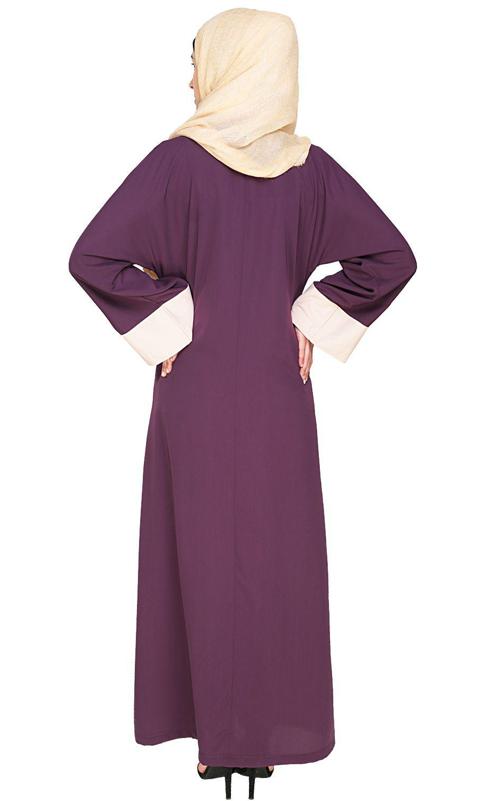Elegant Purple Dubai Style Abaya With Beige Detailing