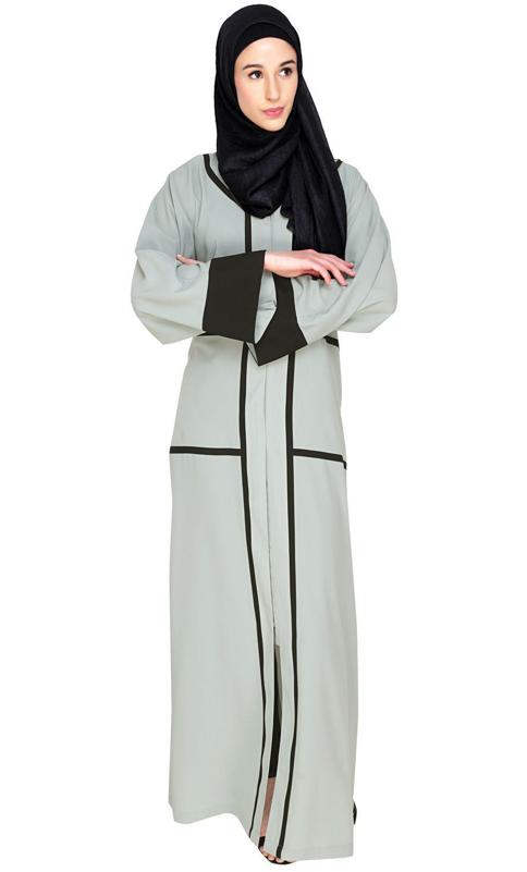 Elegant Sage Green Dubai Style Abaya With Black Detailing (Made-To-Order)
