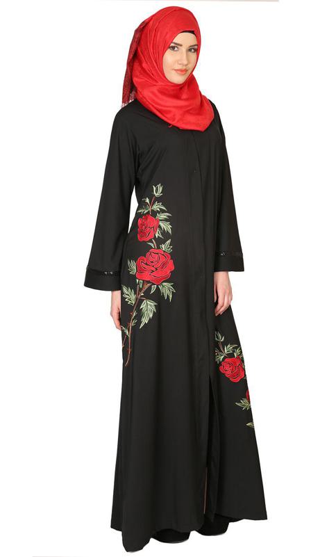 Elegant Silk Thread Rose Embroidered Abaya (Made-To-Order)