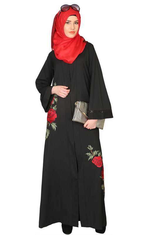Elegant Silk Thread Rose Embroidered Abaya (Made-To-Order)