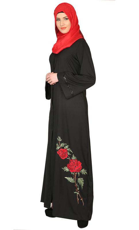 Elegant Silk Thread Rose Embroidered Abaya (Made-To-Order)