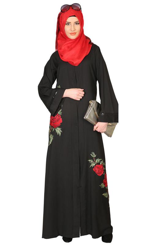 Elegant Silk Thread Rose Embroidered Abaya (Made-To-Order)