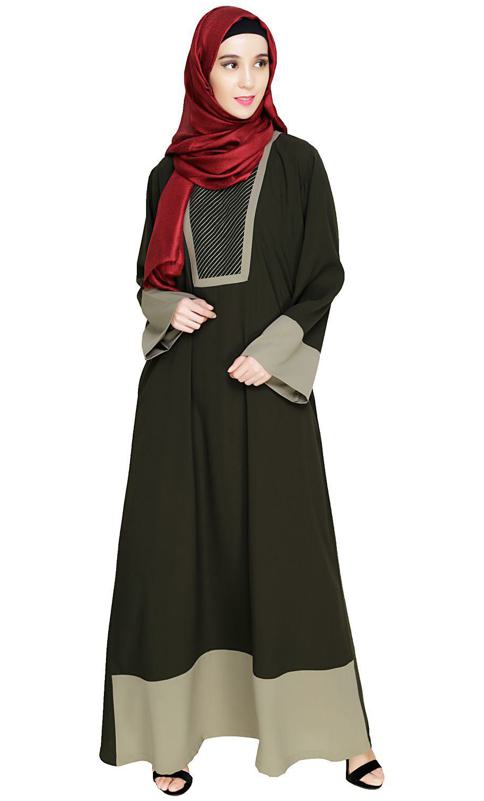Embroidered Yoke Olive Dubai Style Abaya