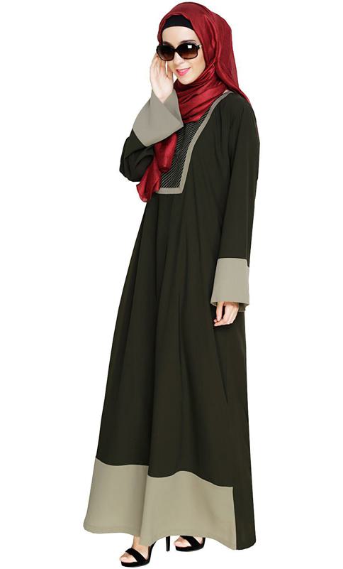 Embroidered Yoke Olive Dubai Style Abaya