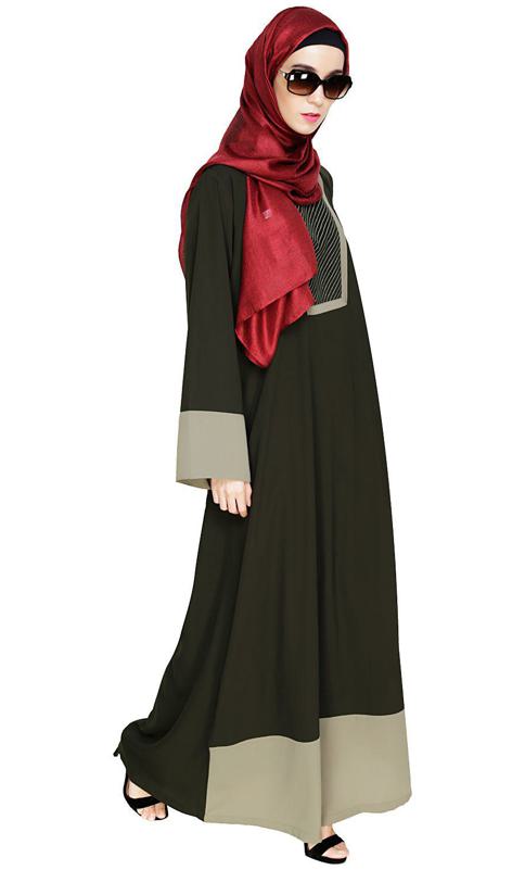 Embroidered Yoke Olive Dubai Style Abaya