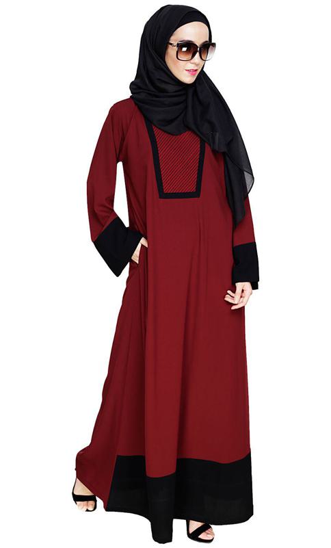 Embroidered Yoke Wine Dubai Style Abaya