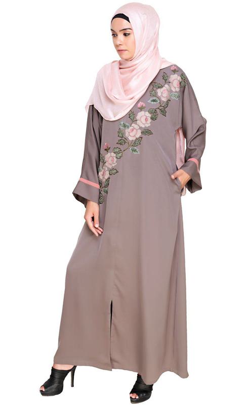 Enchanted Floral Embroidery Purple Dubai Style Abaya (Made-To-Order)