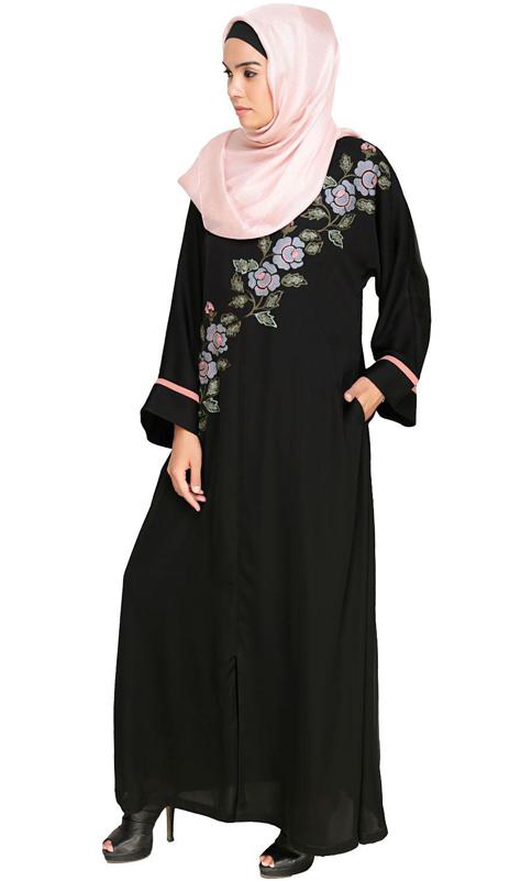 Enchanted Floral Embroidery Dubai Style Abaya (Made-To-Order)
