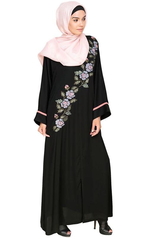 Enchanted Floral Embroidery Dubai Style Abaya (Made-To-Order)