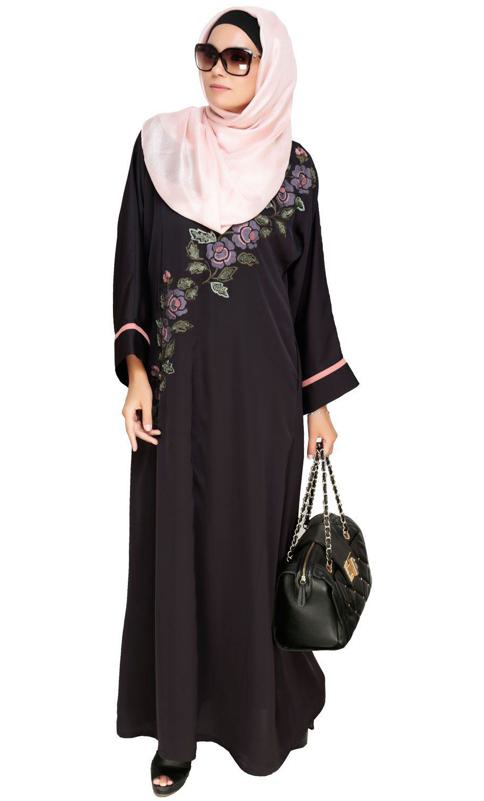 Enchanted Floral Embroidery Brown Dubai Style Abaya