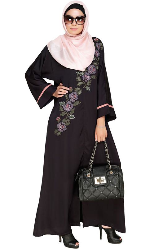 Enchanted Floral Embroidery Brown Dubai Style Abaya
