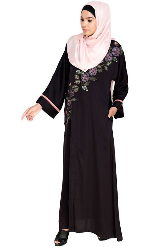 Enchanted Floral Embroidery Brown Dubai Style Abaya