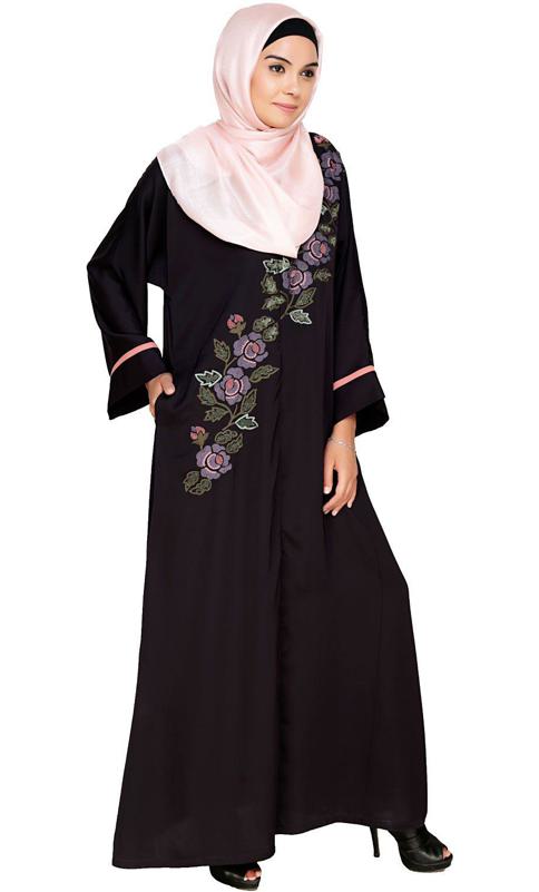 Enchanted Floral Embroidery Brown Dubai Style Abaya