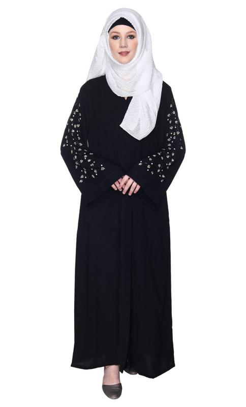 Enchanting Deep Black Abaya With Sparkling Hand-Embroidered Sleeves (Made-To-Order)