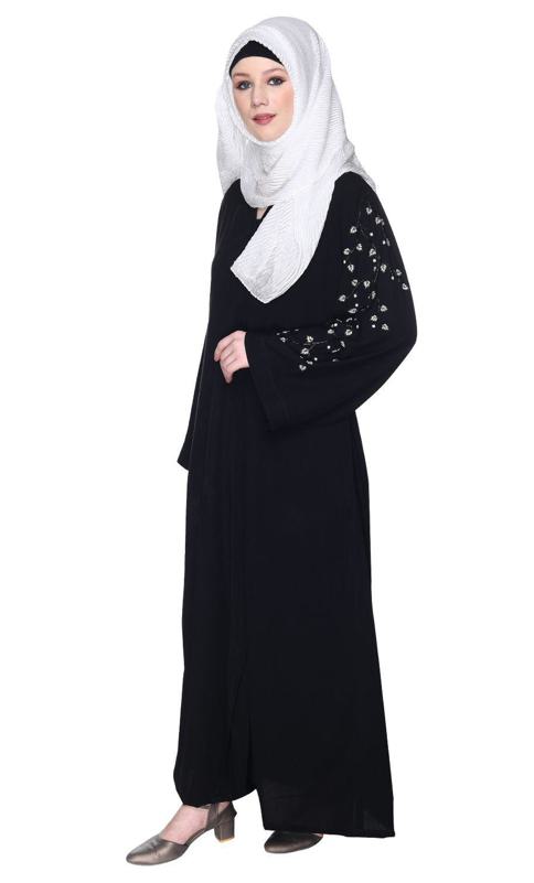 Enchanting Deep Black Abaya With Sparkling Hand-Embroidered Sleeves (Made-To-Order)