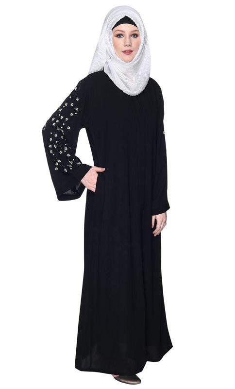 Enchanting Deep Black Abaya With Sparkling Hand-Embroidered Sleeves (Made-To-Order)