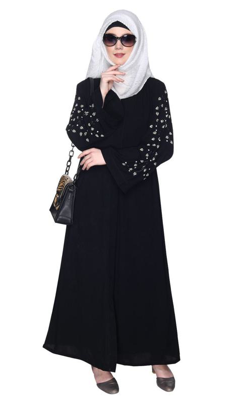 Enchanting Deep Black Abaya With Sparkling Hand-Embroidered Sleeves (Made-To-Order)