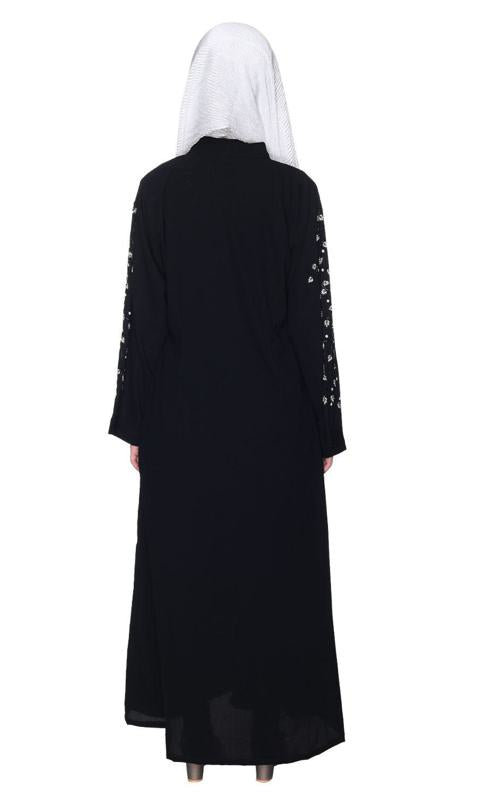 Enchanting Deep Black Abaya With Sparkling Hand-Embroidered Sleeves (Made-To-Order)