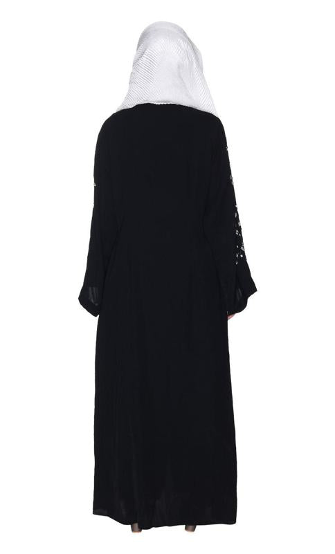 Enchanting Deep Black Abaya With Sparkling Hand-Embroidered Sleeves (Made-To-Order)