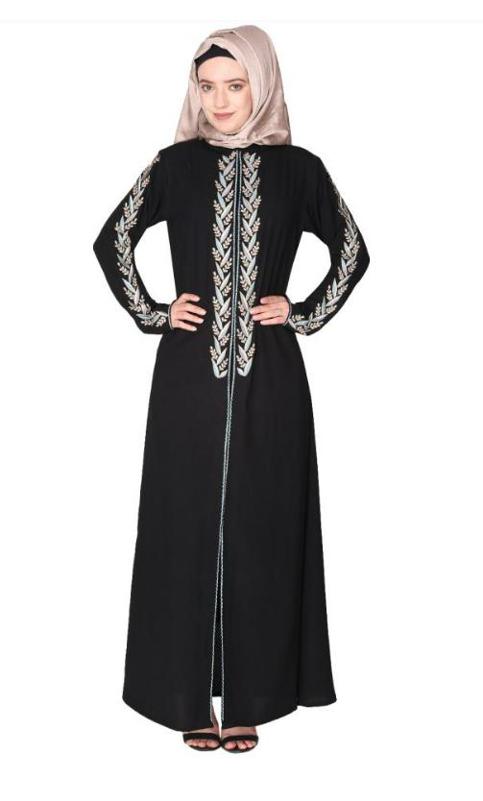 Exclusive Black Abaya With Turquoise And Gold Leaf Embroidery (Made-To-Order)
