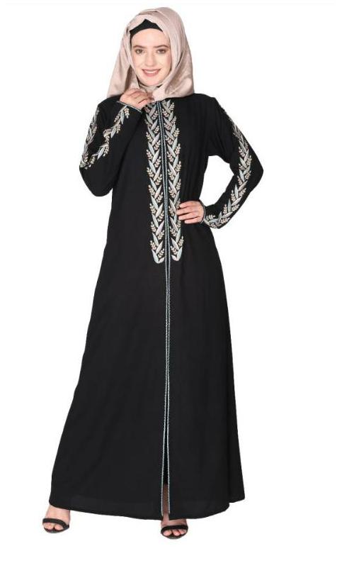 Exclusive Black Abaya With Turquoise And Gold Leaf Embroidery (Made-To-Order)