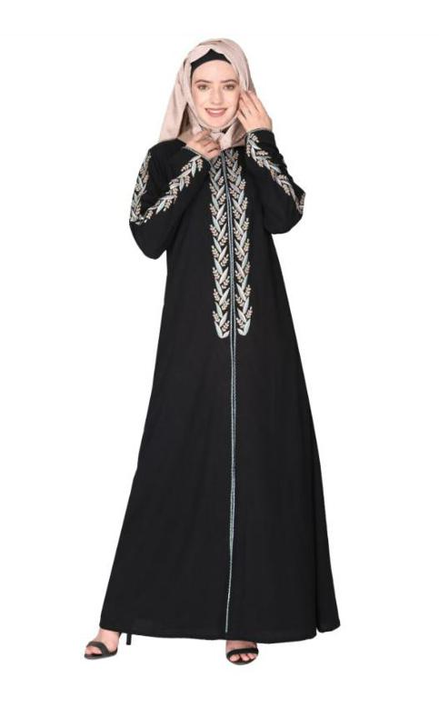 Exclusive Black Abaya With Turquoise And Gold Leaf Embroidery (Made-To-Order)