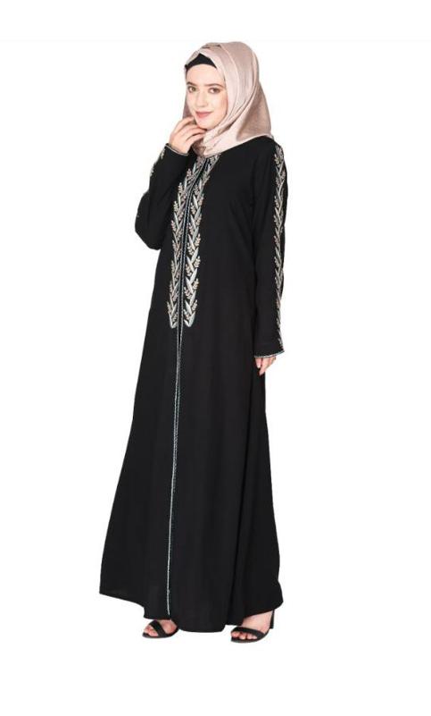 Exclusive Black Abaya With Turquoise And Gold Leaf Embroidery (Made-To-Order)