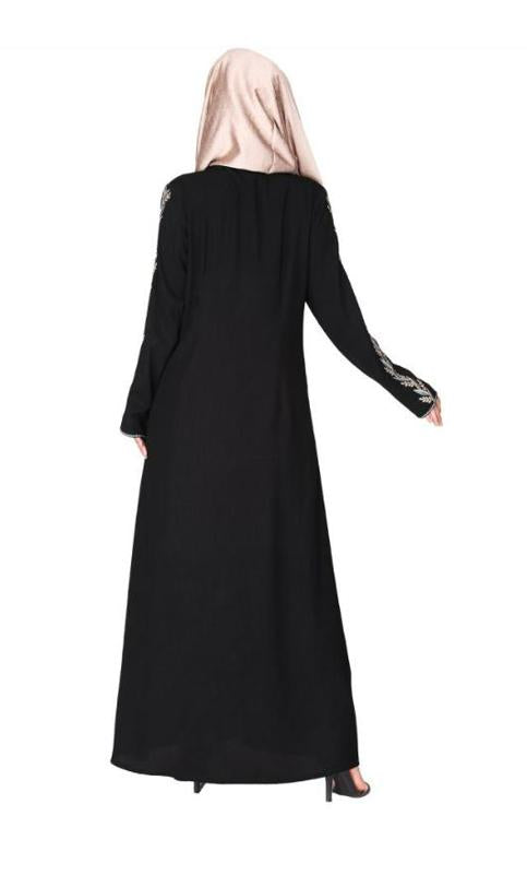 Exclusive Black Abaya With Turquoise And Gold Leaf Embroidery (Made-To-Order)