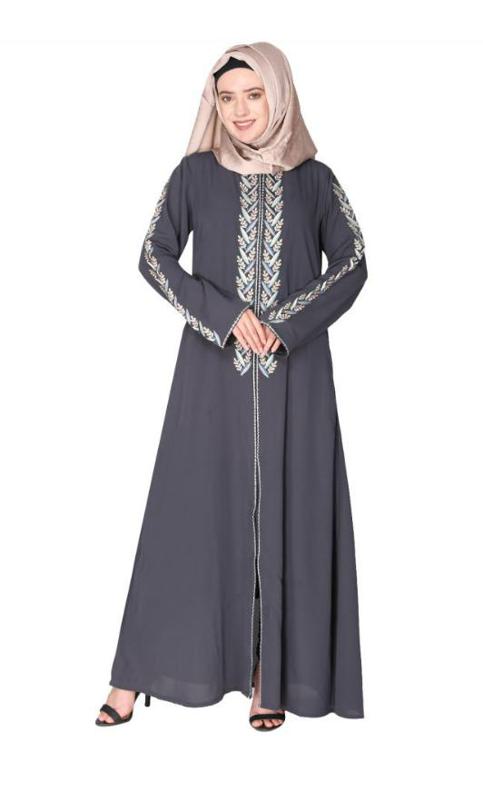 Exclusive Dark Grey Abaya With Turquoise And Gold Leaf Embroidery