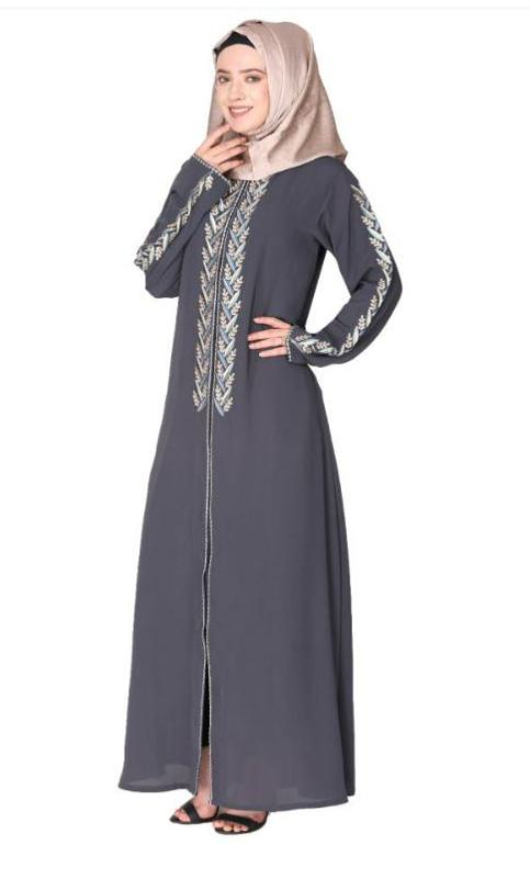 Exclusive Dark Grey Abaya With Turquoise And Gold Leaf Embroidery
