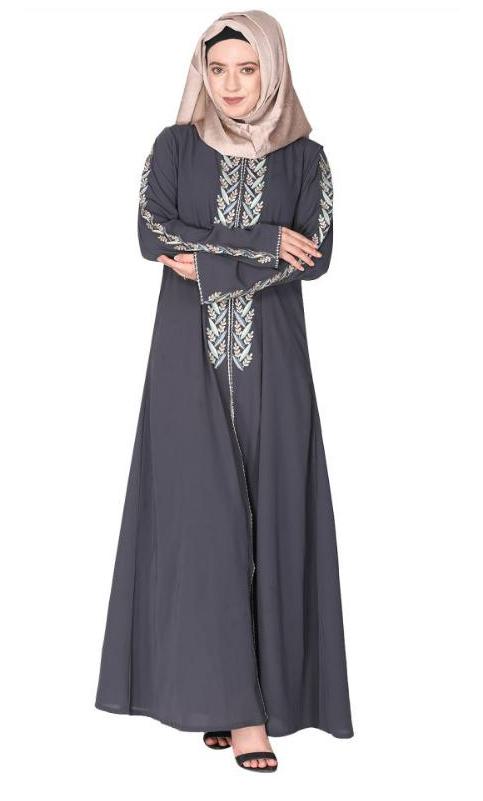 Exclusive Dark Grey Abaya With Turquoise And Gold Leaf Embroidery