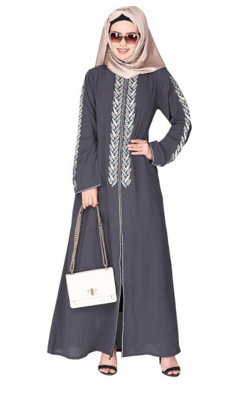 Exclusive Dark Grey Abaya With Turquoise And Gold Leaf Embroidery