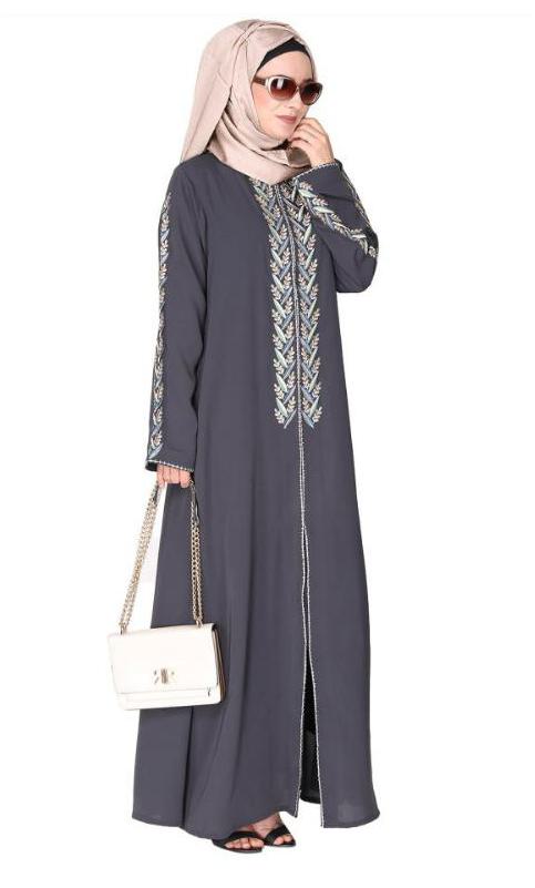 Exclusive Dark Grey Abaya With Turquoise And Gold Leaf Embroidery