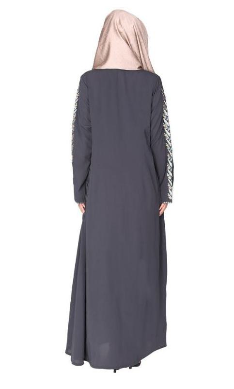 Exclusive Dark Grey Abaya With Turquoise And Gold Leaf Embroidery