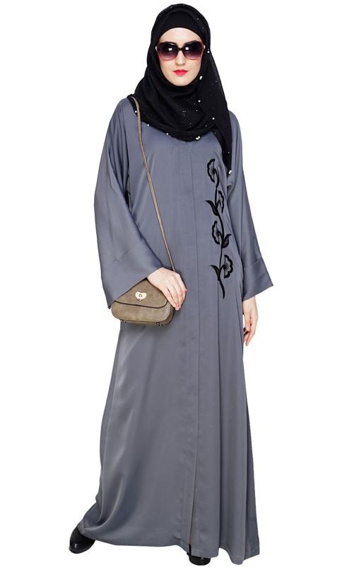 Exclusive Grey Applique Dubai Style Abaya (Made-To-Order)