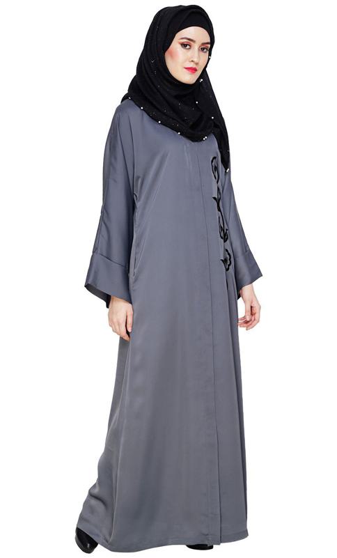 Exclusive Grey Applique Dubai Style Abaya (Made-To-Order)