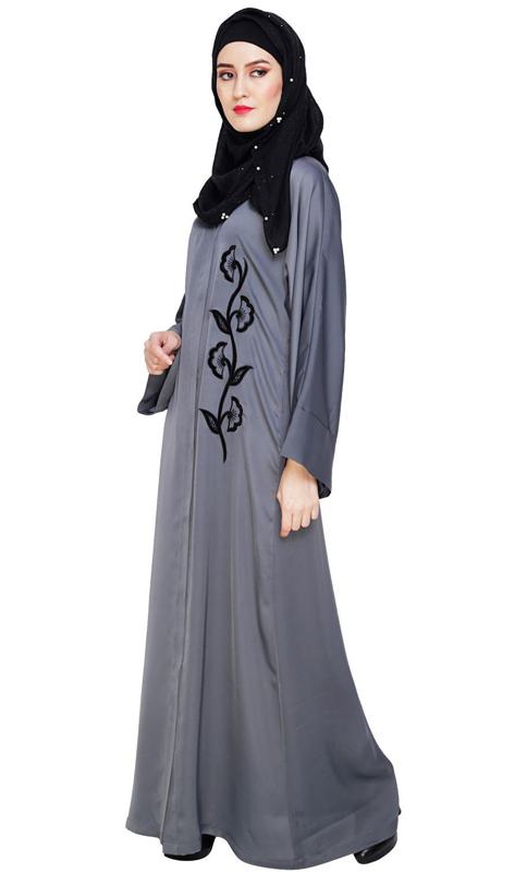 Exclusive Grey Applique Dubai Style Abaya (Made-To-Order)
