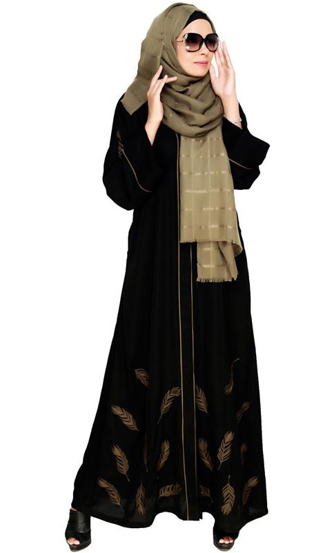 Feather Embroidered Dubai Style Black Abaya (Made-To-Order)