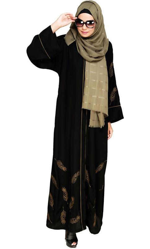 Feather Embroidered Dubai Style Black Abaya (Made-To-Order)
