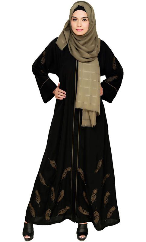 Feather Embroidered Dubai Style Black Abaya (Made-To-Order)