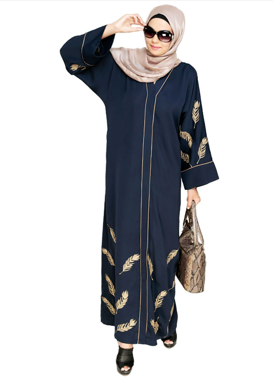 Feather Embroidered Dubai Style Blue Abaya (Made-To-Order)