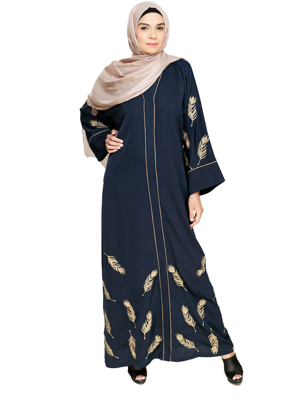 Feather Embroidered Dubai Style Blue Abaya (Made-To-Order)