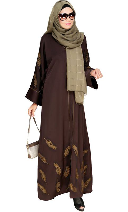 Feather Embroidered Dubai Style Dark Brown Abaya (Made-To-Order)